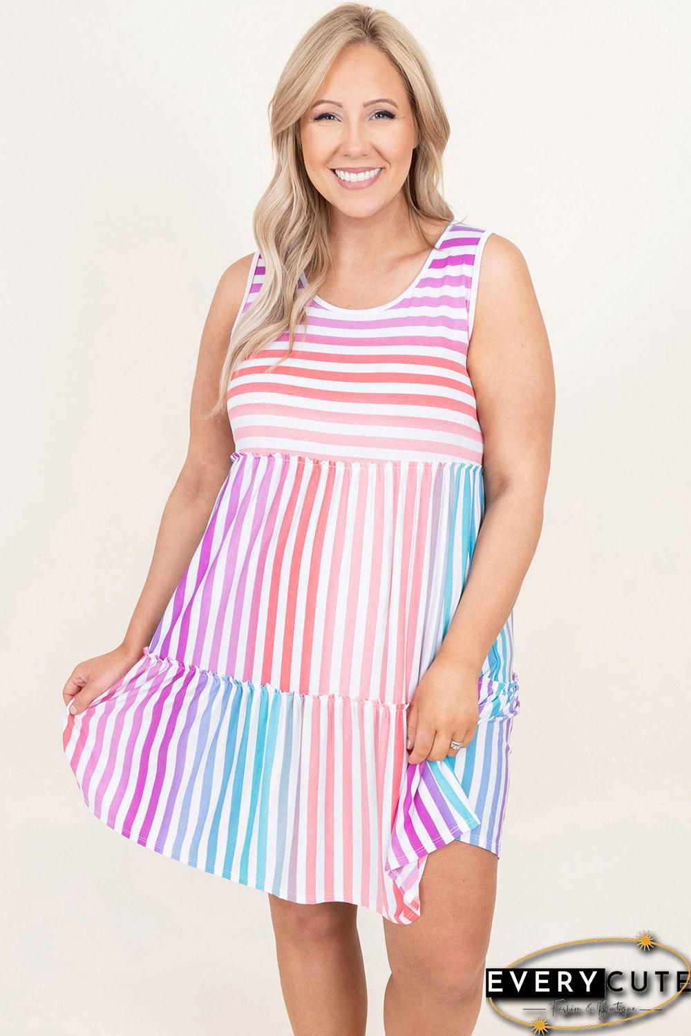 Multicolor Ombre Striped Sleeveless Tiered Plus Size Dress