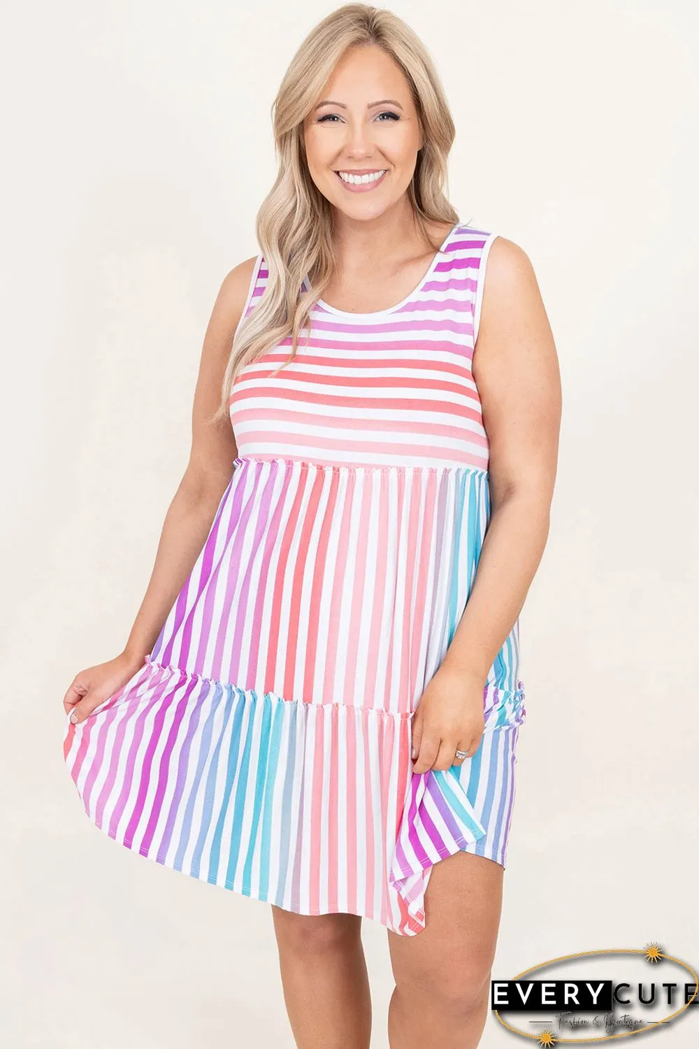Multicolor Ombre Striped Sleeveless Tiered Plus Size Dress