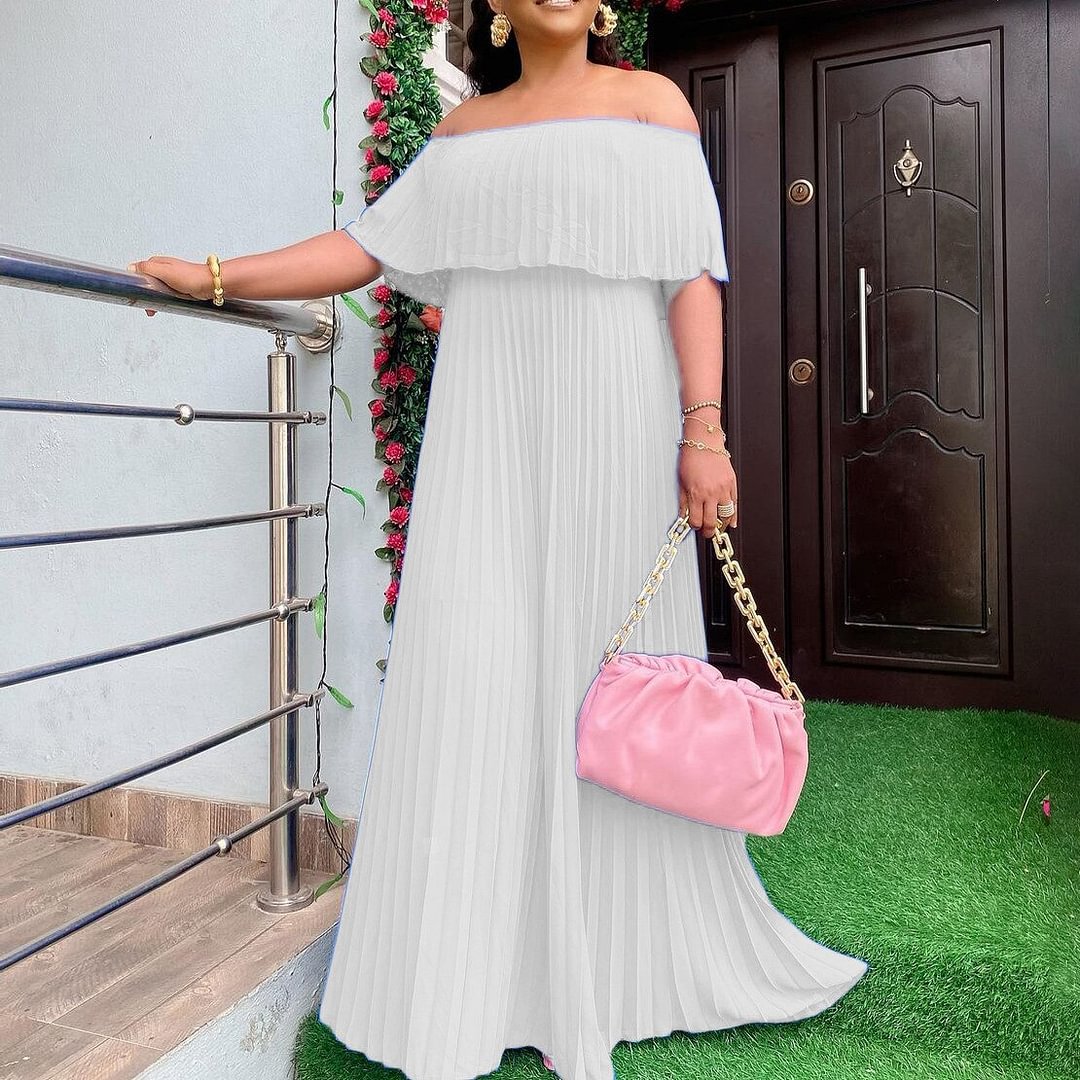 Ueong Plus Size African Party Dresses for Women 2022 New Fashion Off Shoulder Summer Chiffon Maxi Long Dress Pleated Vestidos Robe