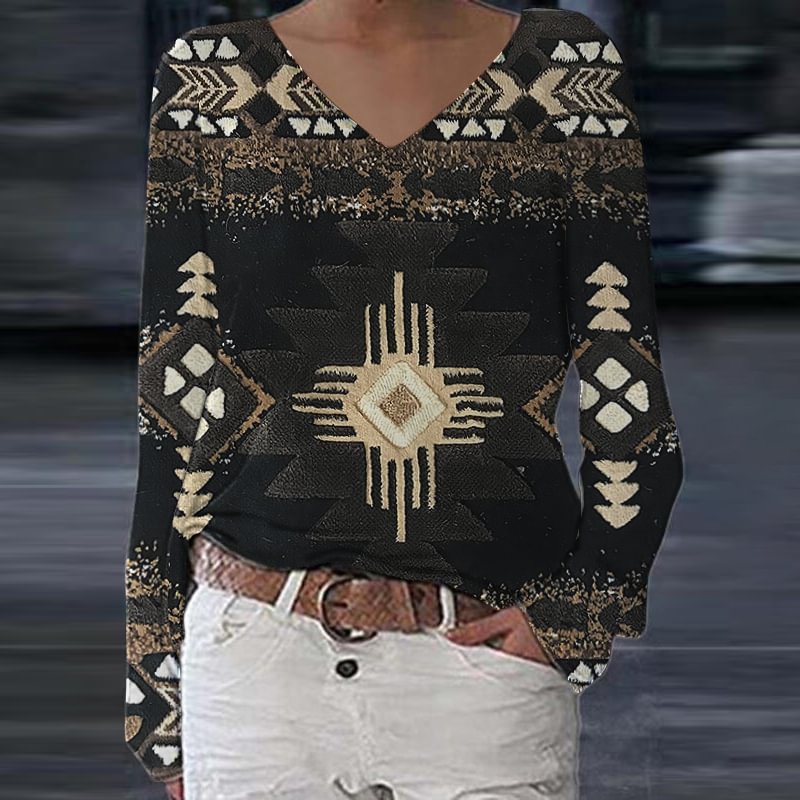 Western ethnic print casual long-sleeved T-shirt