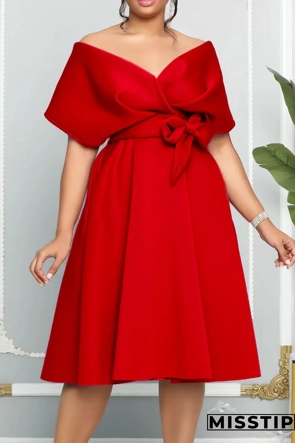 Red Elegant Solid Patchwork With Bow V Neck Evening Dress Dresses