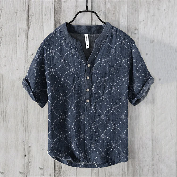 Japanese Art Print V-Neck Linen Blend Shirt