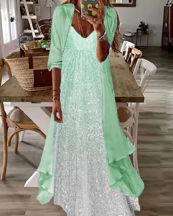 Fake Two Piece Casual V-neck Printed Maxi Dress S-5XL