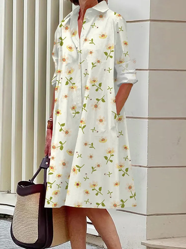 Spring Fashion Floral Long Sleeve Pocket Shirt Dress VangoghDress