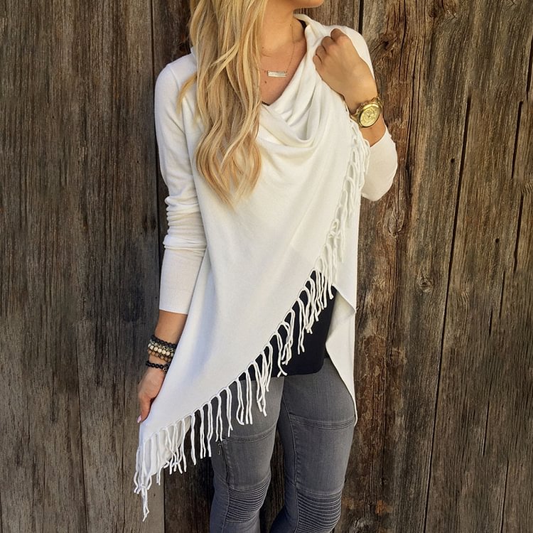 Comstylish Solid Color Casual Fringe Long Sleeve T-Shirt
