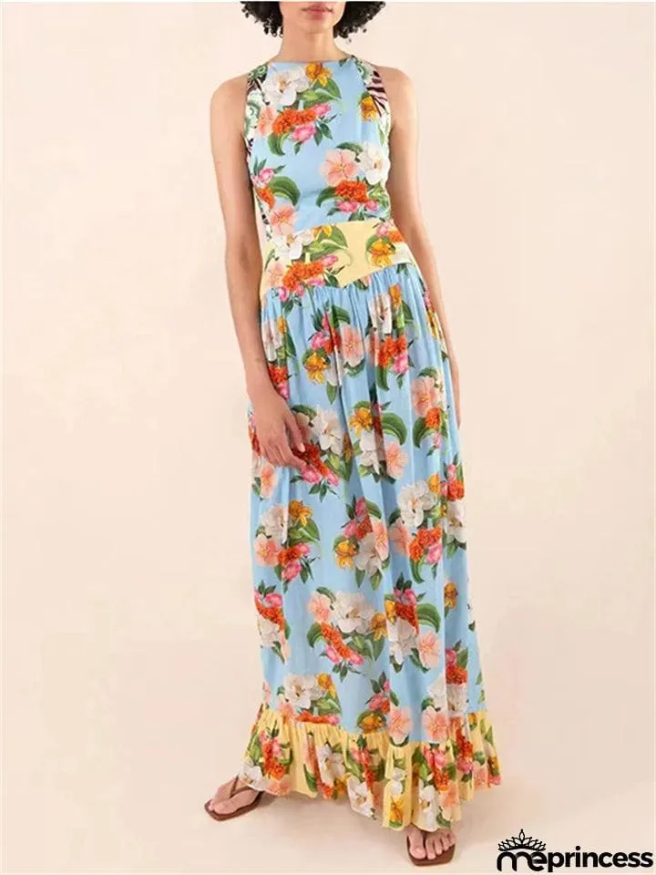 Women's Crew Neck Back Lace-up Floral Bohemian Dress