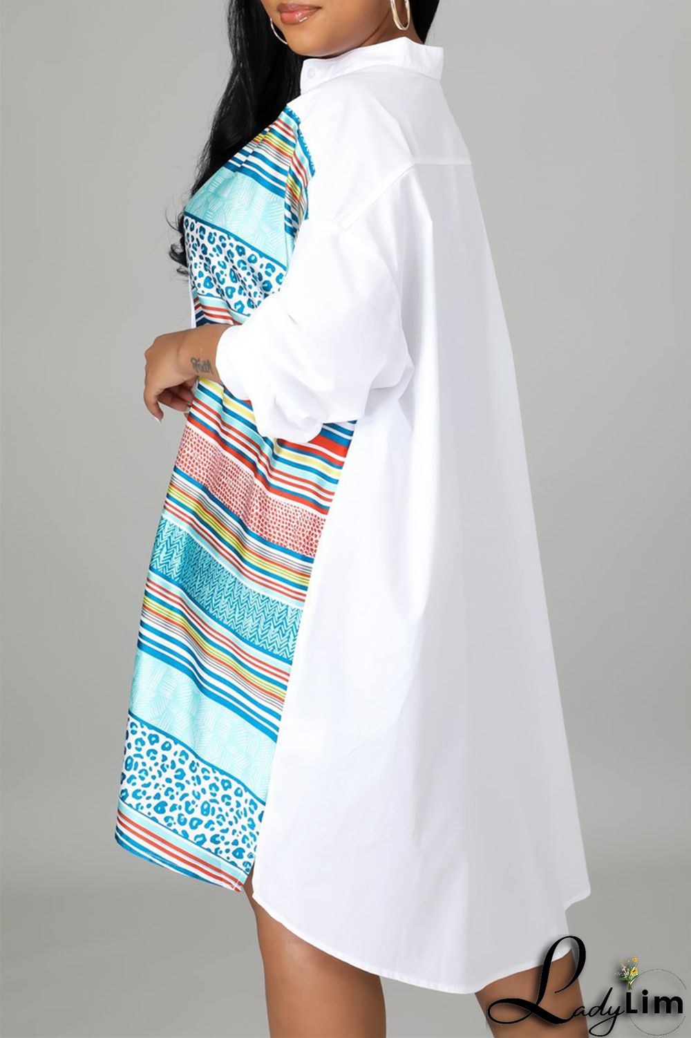 Blue Fashion Casual Striped Print Patchwork Shirt Collar Shirt Dress