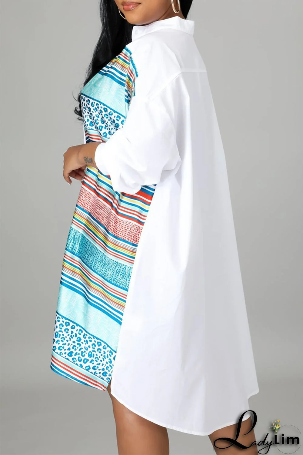 Blue Fashion Casual Striped Print Patchwork Shirt Collar Shirt Dress