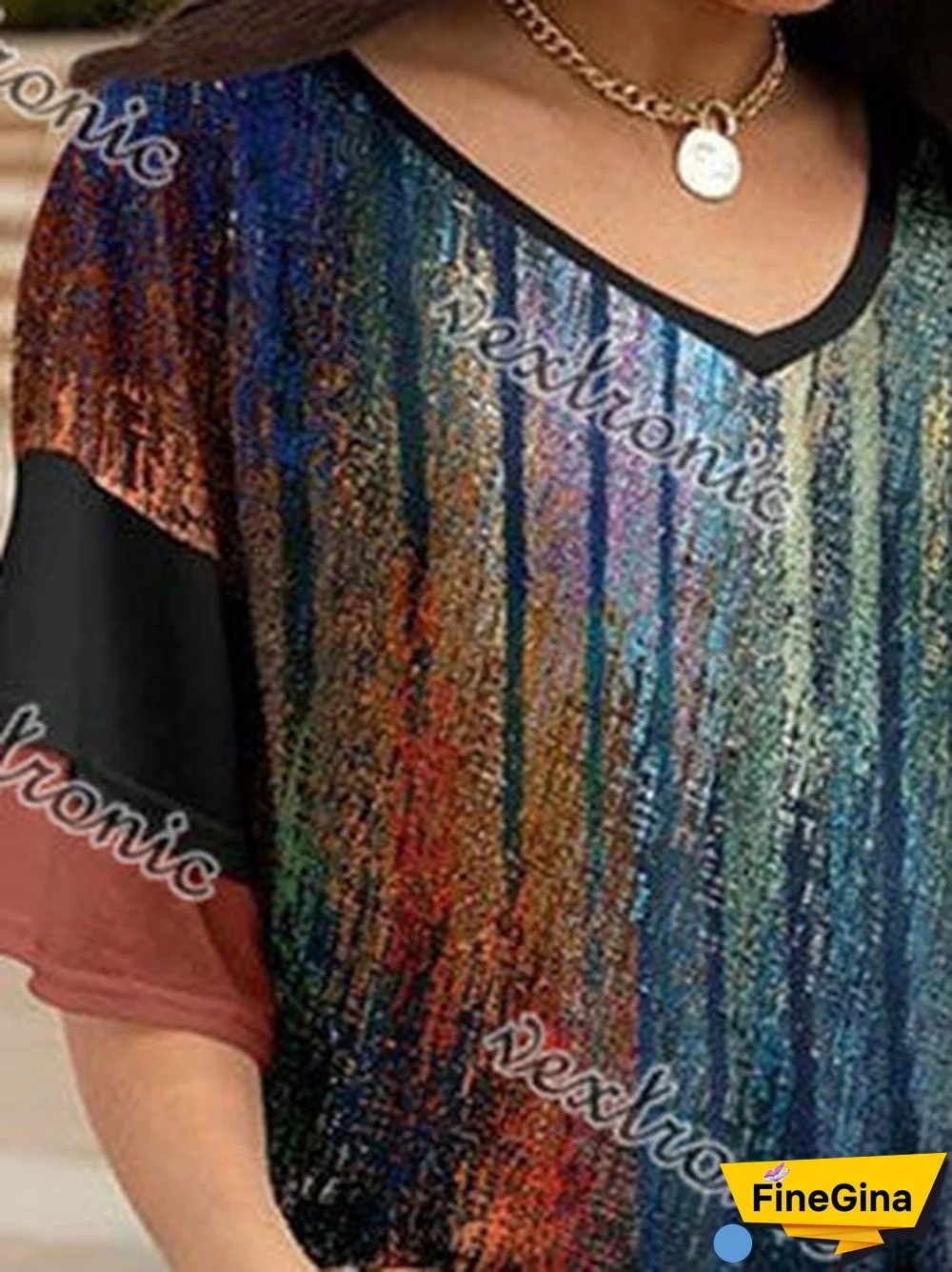 Stitching Gradient Ruffle-Sleeve V-Neck Tunic-Women Plus Size