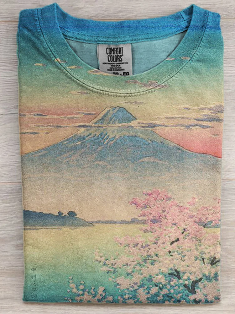 Gradient Cherry Blossom Mount Fuji Landscape T Shirt