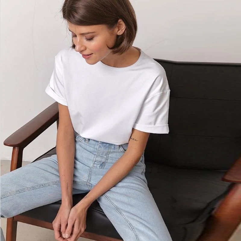 ABEBEY-Women Casual Loose White Cotton T Shirt O Neck Short Sleeve Office Workwear  Summer New Fashion Solid T Shirts Female