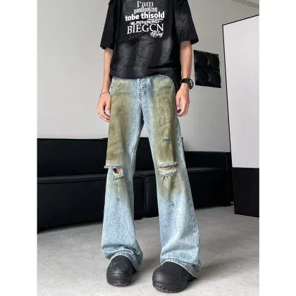Hyhis school outfits Nichedistressed Men's Women's Jeans Straight-leg Pants Distressed Design Slim Fit Hip Hop Style Denim Pants