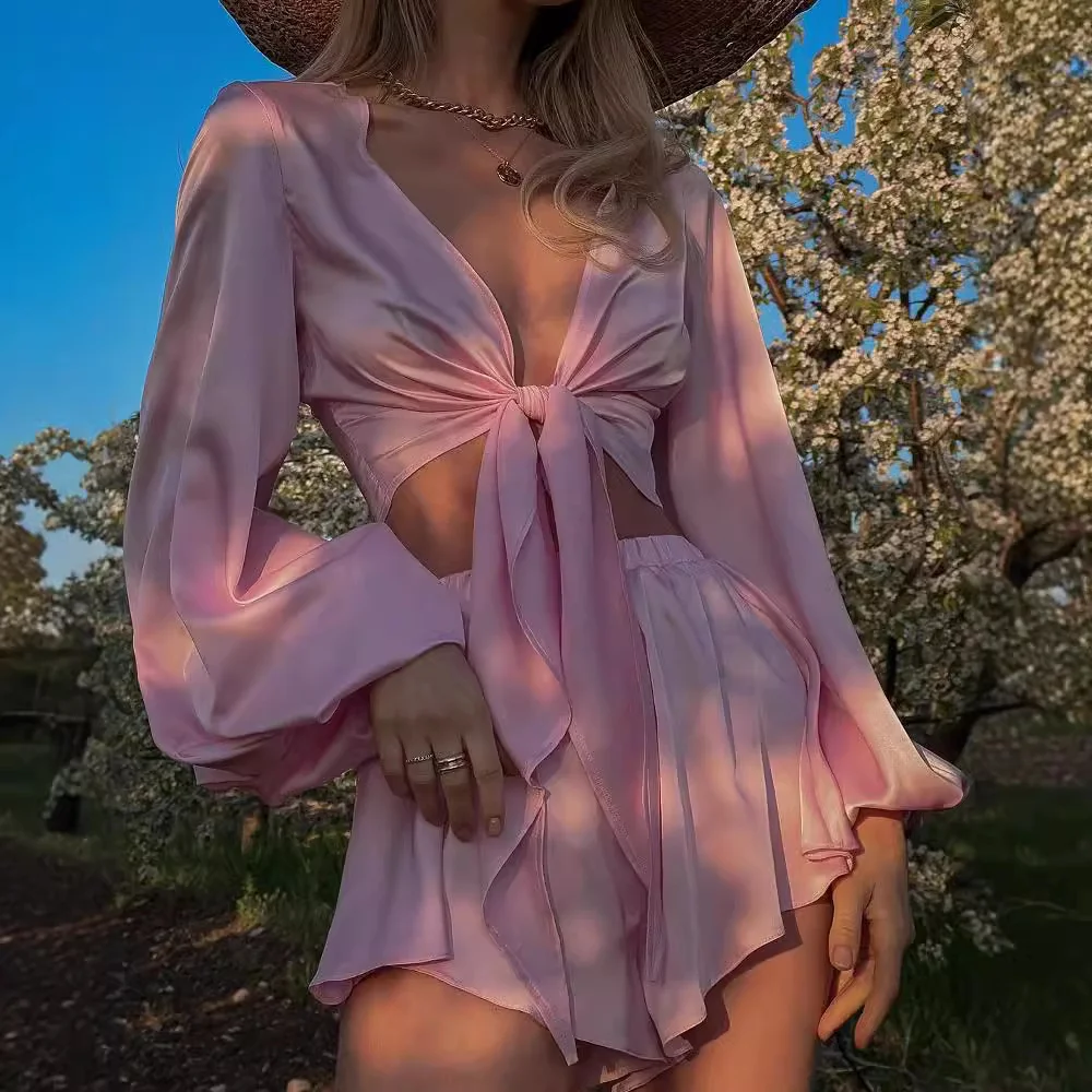 Nigikala Nigikala New Paired With Sexy French Long-Sleeved Top Short Suit