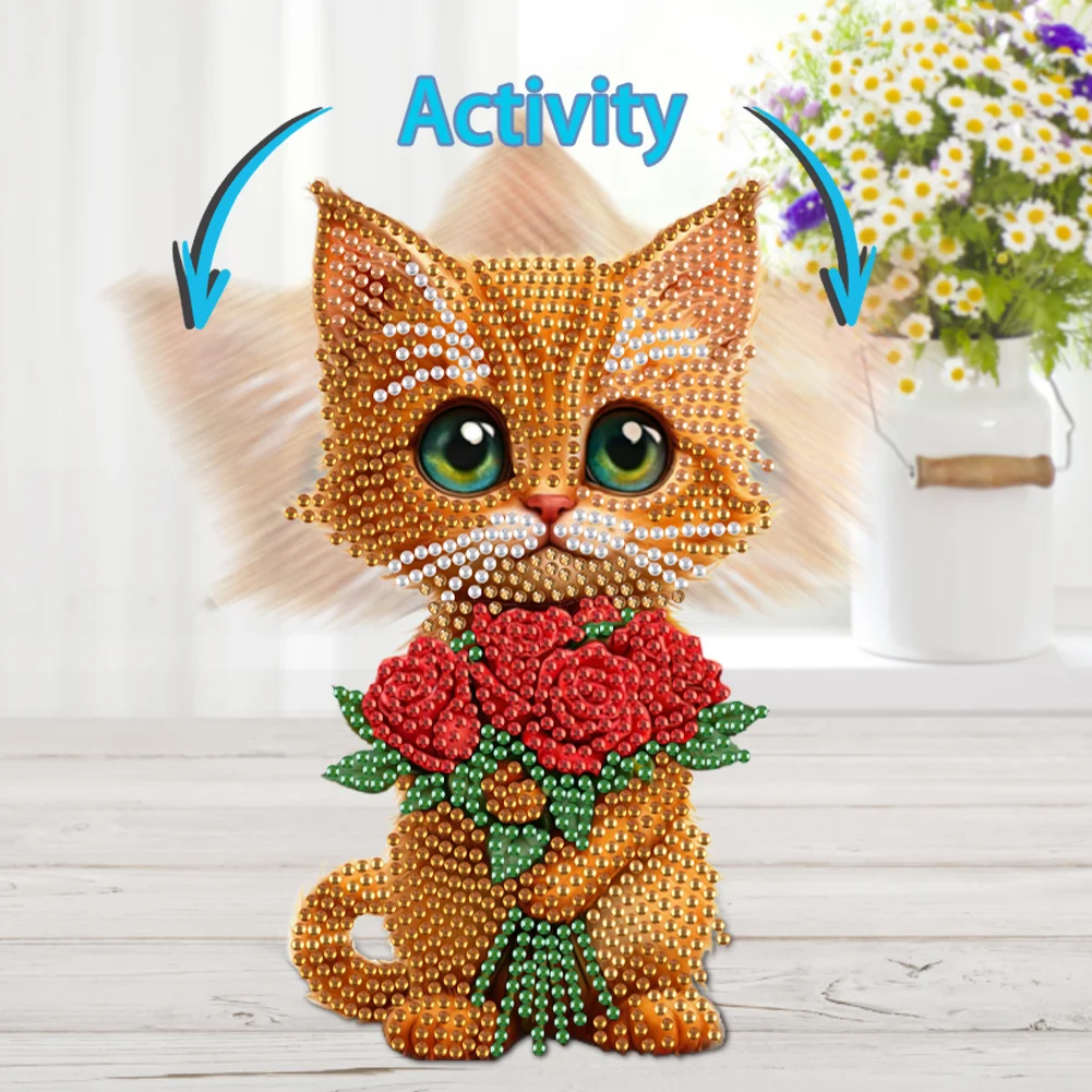 DIY Rose Cat Acrylic Shaking Head Table Top Special Shaped Drill Diamond Painting Ornament Kits