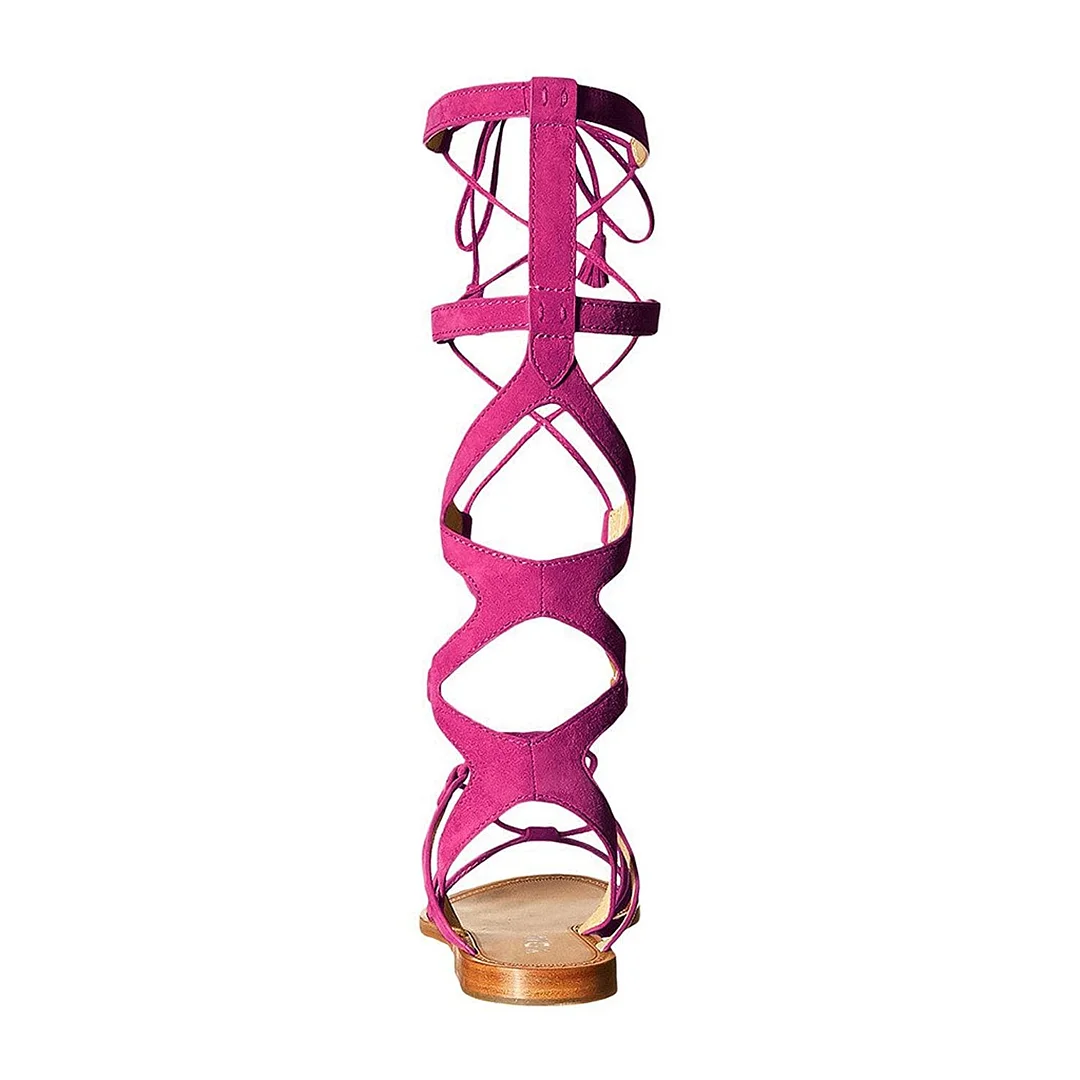 Women's Fuchsia Open Toe Lace Up Flat Summer Sandals with Tassel