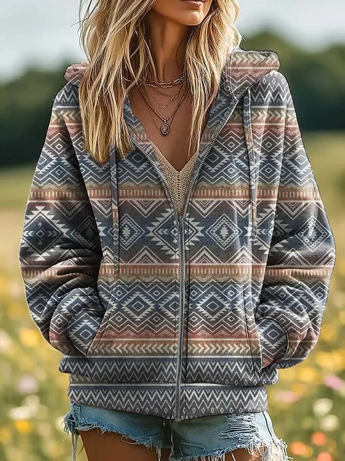 Women's Western Retro Print Casual Hooded Sweatshirt 