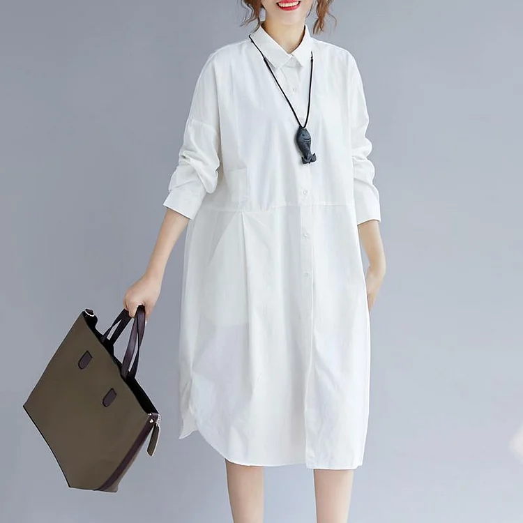 2018 white cotton shirt dress plus size traveling clothing casual long sleeve pockets side open Turn-down Collar cotton shirt dress