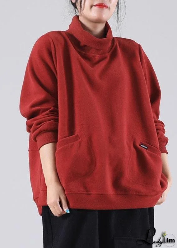 diy Red Turtle Neck Pockets Cotton Sweatshirt Street wear Winter