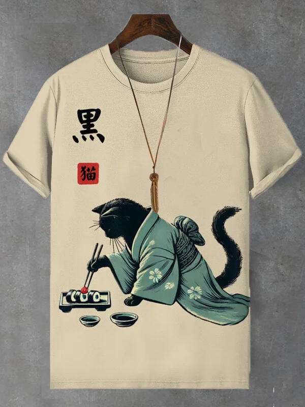 Men's Kimono Cat Eating Sushi Print Casual T-Shirt