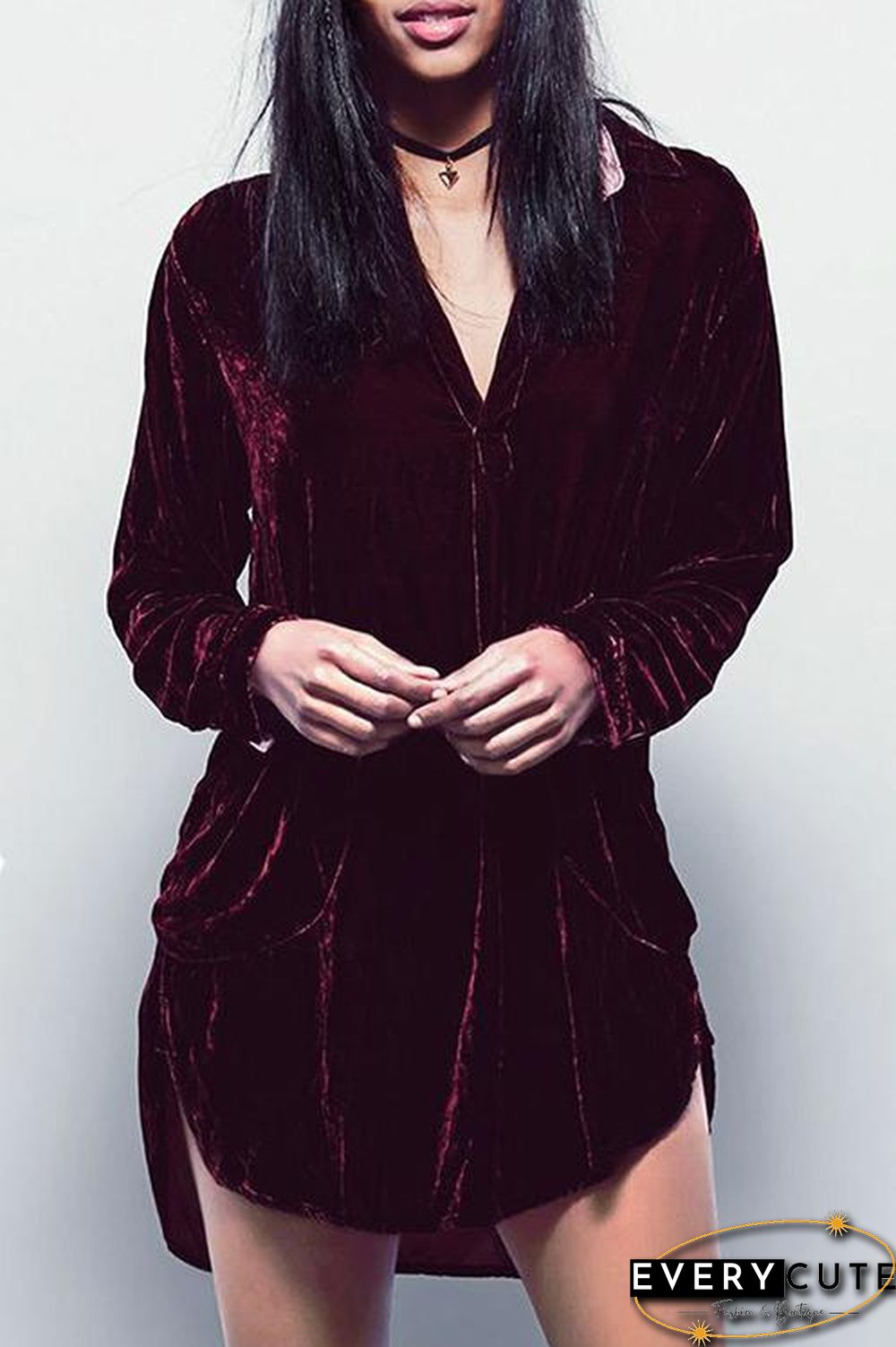 V Neck Pockets Velvet Shirt Dress