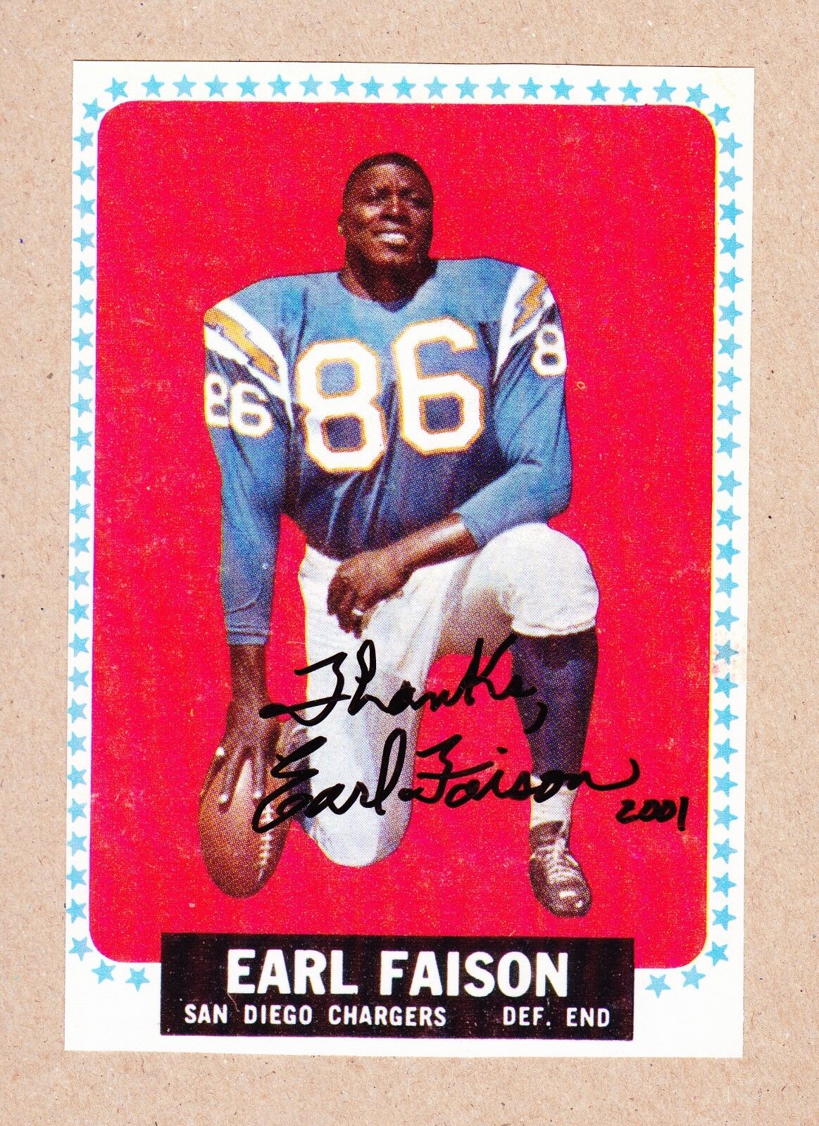 Earl Faison signed 4.75x7 inch 1964 Topps blow-up San Diego Chargers Photo Poster painting (Dec)