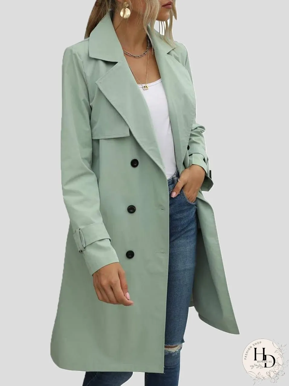 Coats Lapel Button Belt Long Trench Coat for Women