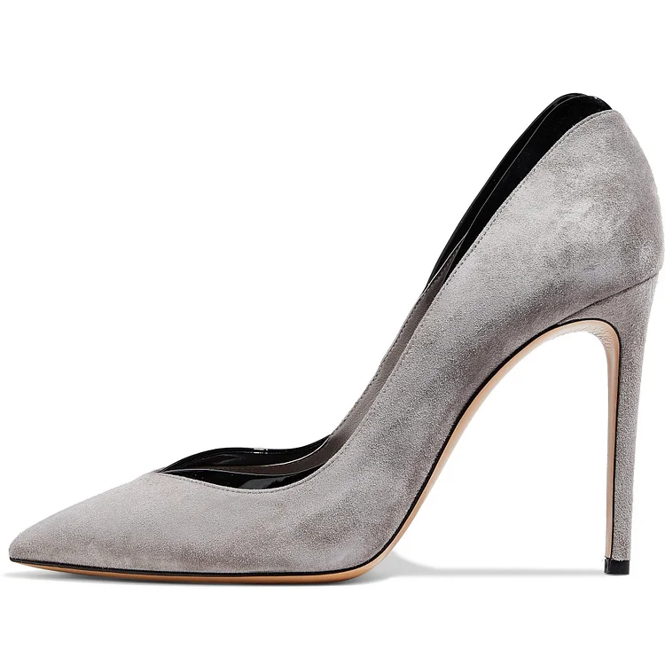 Grey Vegan Suede Stiletto Heels Classic Low Cut Pointy Toe Pumps |FSJ Shoes