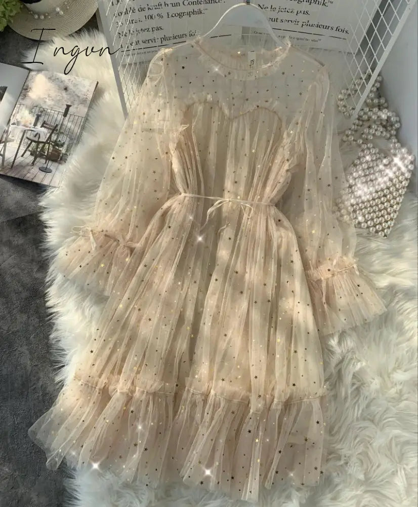 Ingvn - New Female O - Neck Stars Sequined Mesh Shiny Fairy Dress Women Elegant Bling Gauze