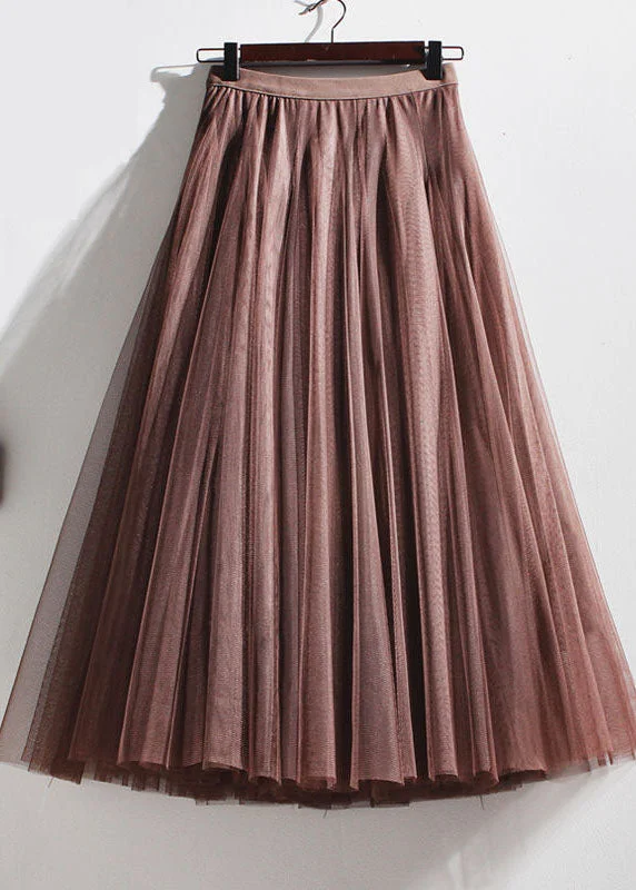 Unique Coffee Elastic Waist Tulle Pleated Skirt Spring