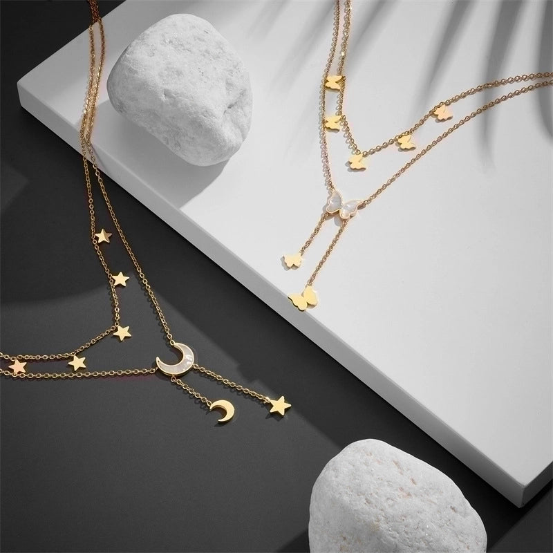 Titanium Steel 18K Gold Plated Sweet Minimalist Plating Inlay Star Moon Butterfly Acrylic Layered Necklaces