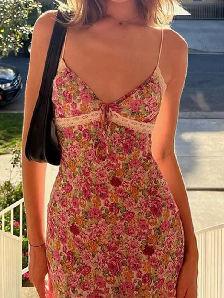 Oocharger Flowers Print Spaghetti Straps Wrap Long Dress 90s E-girl Aesthetic Women Summer Sleeveless Tie Up V-Neck Sundress