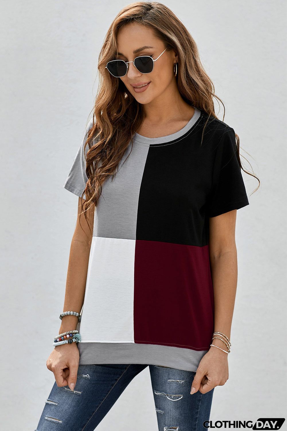 Women's Casual Wine Red Colorblock T-shirt with Slits