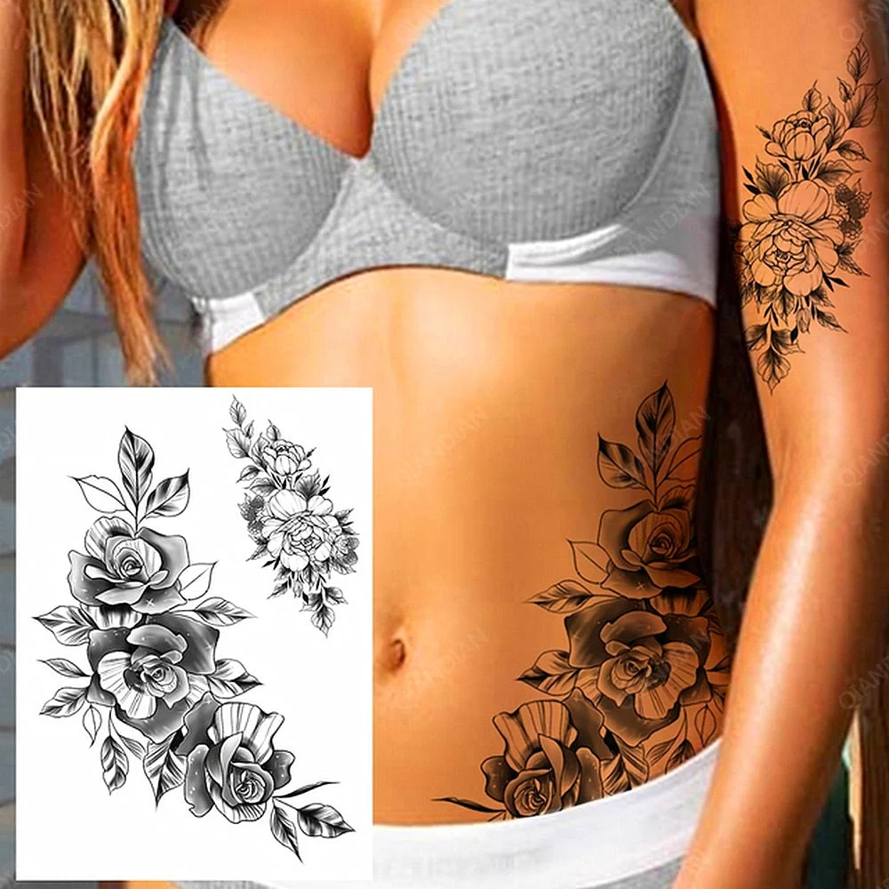 Black Flower Rose Waterproof Temporary Bird Snake Sexy Body Arm Leg Gem Henna Tattoo Fashion Big Fake Sleeve Sticker