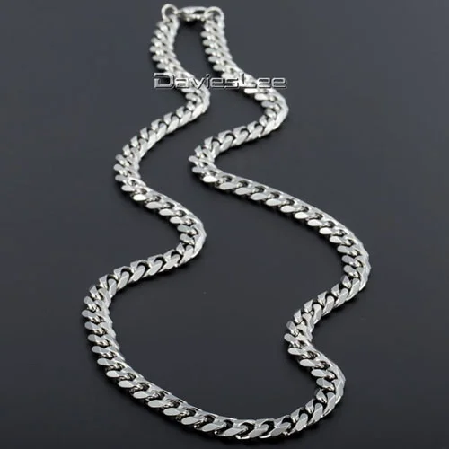 Davieslee 7mm Wide Mens Necklace Curb Cuban Silver Stainless Steel Chain Necklace