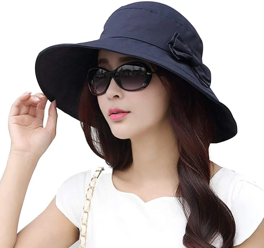 Womens UPF50 Cotton Packable Sun Hats w/Chin Cord Wide Brim Stylish