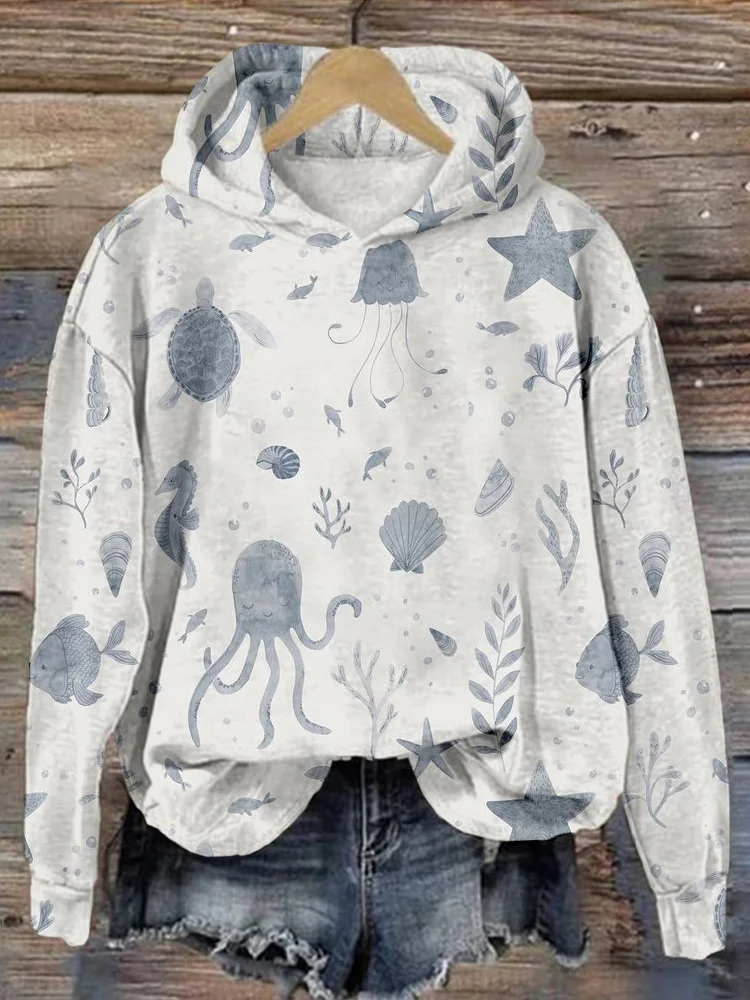 Ocean Animals Pattern Print Comfy Hoodie