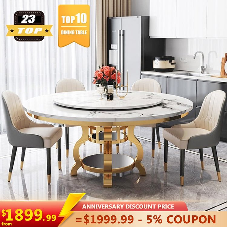 Homemys Vintage Marble Dining Table With Royal Style Stainless Steel Base & Lazy Susan