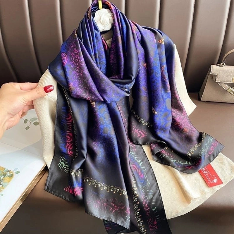 Women’s Fashion Letter Plaid Satin Printing Silk Scarves