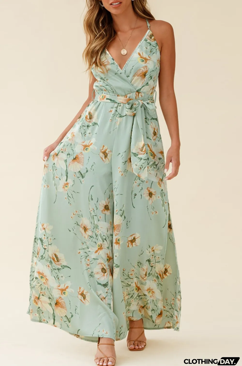 Summer Casual Floral Green Slit Bottom Wrapped Strap Jumpsuit