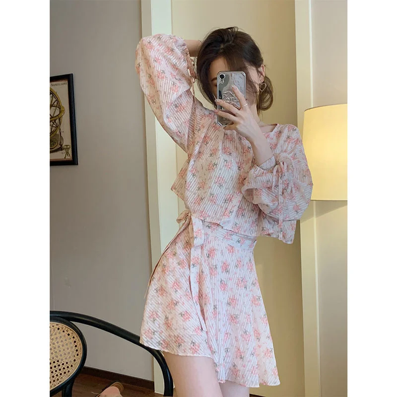 Women Sets Sweet Summer Girlish Flowers Cozy Sashes Leisure Holiday Lovely Daily Full Sleeves Mini Draped Ulzzang Tender 2pcs