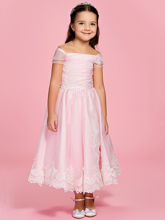 Princess / A-Line Ankle Length First Communion / Wedding Party Organza Short Sleeve Bateau Neck / Off Shoulder With Bow(S) / Ruched / Appliques / Spring / Summer / Fall