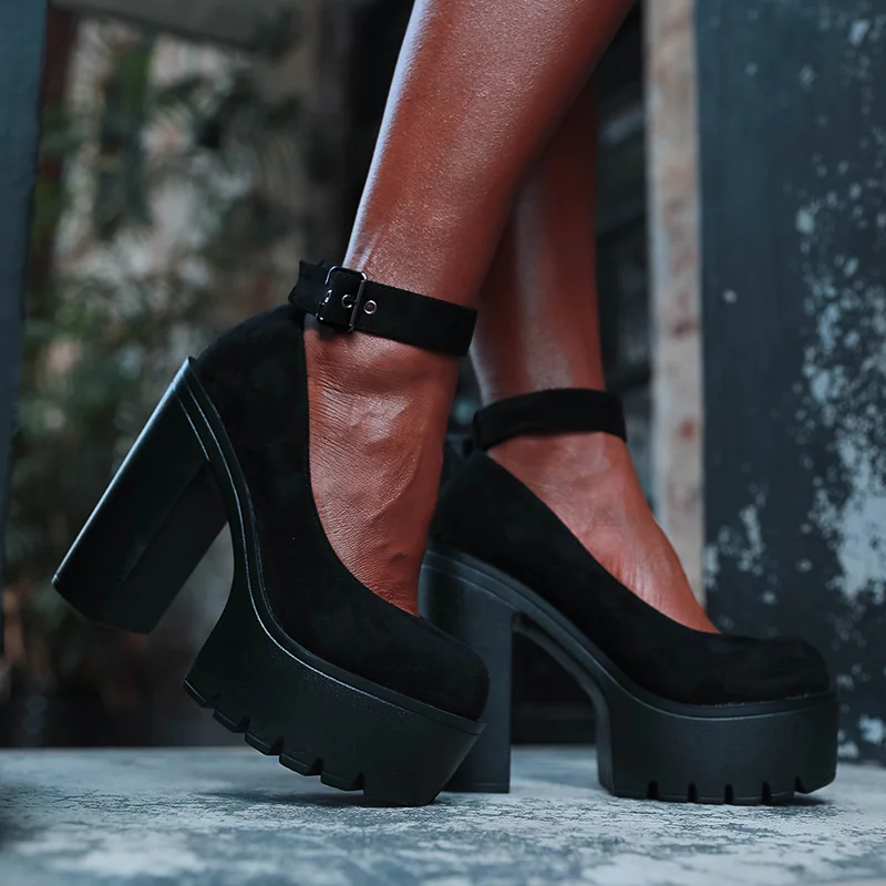 Qengg Autumn Womens Chunky Block High Heel Platform Shoes Ankle Strap Buckle Pumps Gothic Punk Shoes For Model Nightclub