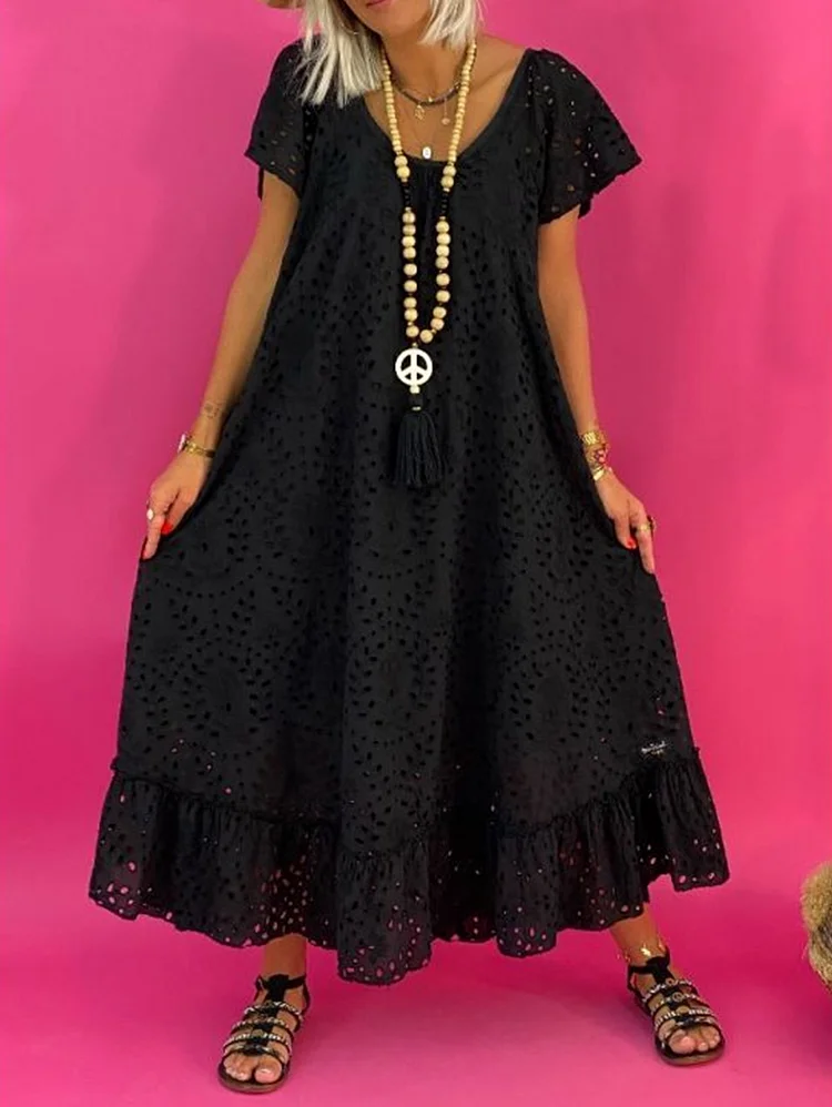 Casual Lace Crew Neck Hollow Short Sleeve Maxi Dress