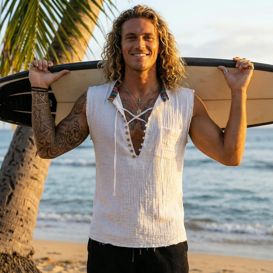 Linen V-neck Drawstring Vest With Ethnic-style Ribbon Patchwork Design, Sleeveless V-neck Top-inspireuse