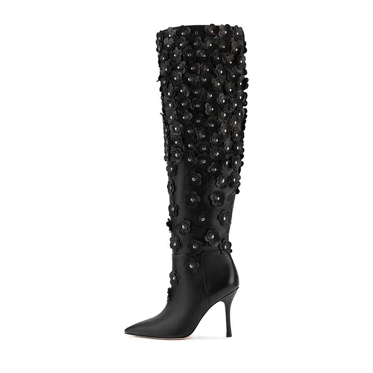 Black Floral Embellishment Shoes Pointed Toe Knee High Heeled Boots |FSJ Shoes