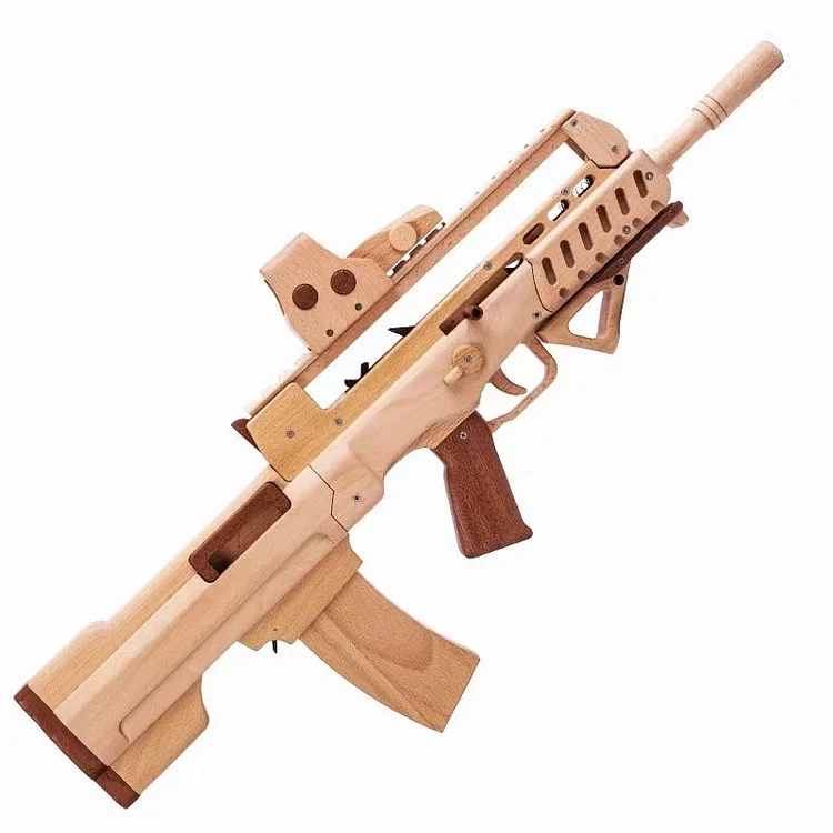 ToyTime FAMAS Handmade Wooden Gun Toy Launching Rubber Band Spot Shot Continuous Firing Toy