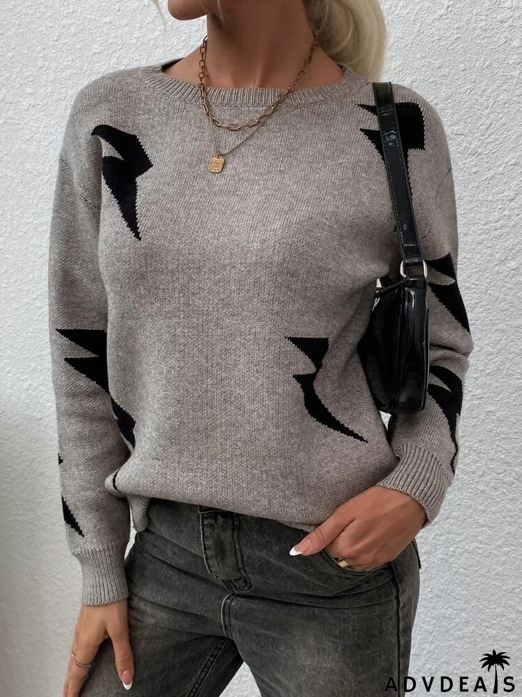 Lightning Pattern Crew Neck Sweater
