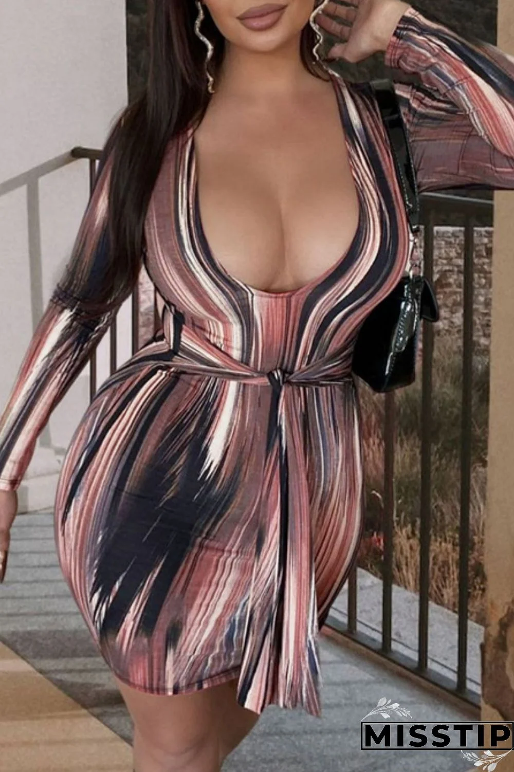 Brownness Sexy Casual Print Basic V Neck Long Sleeve Dresses