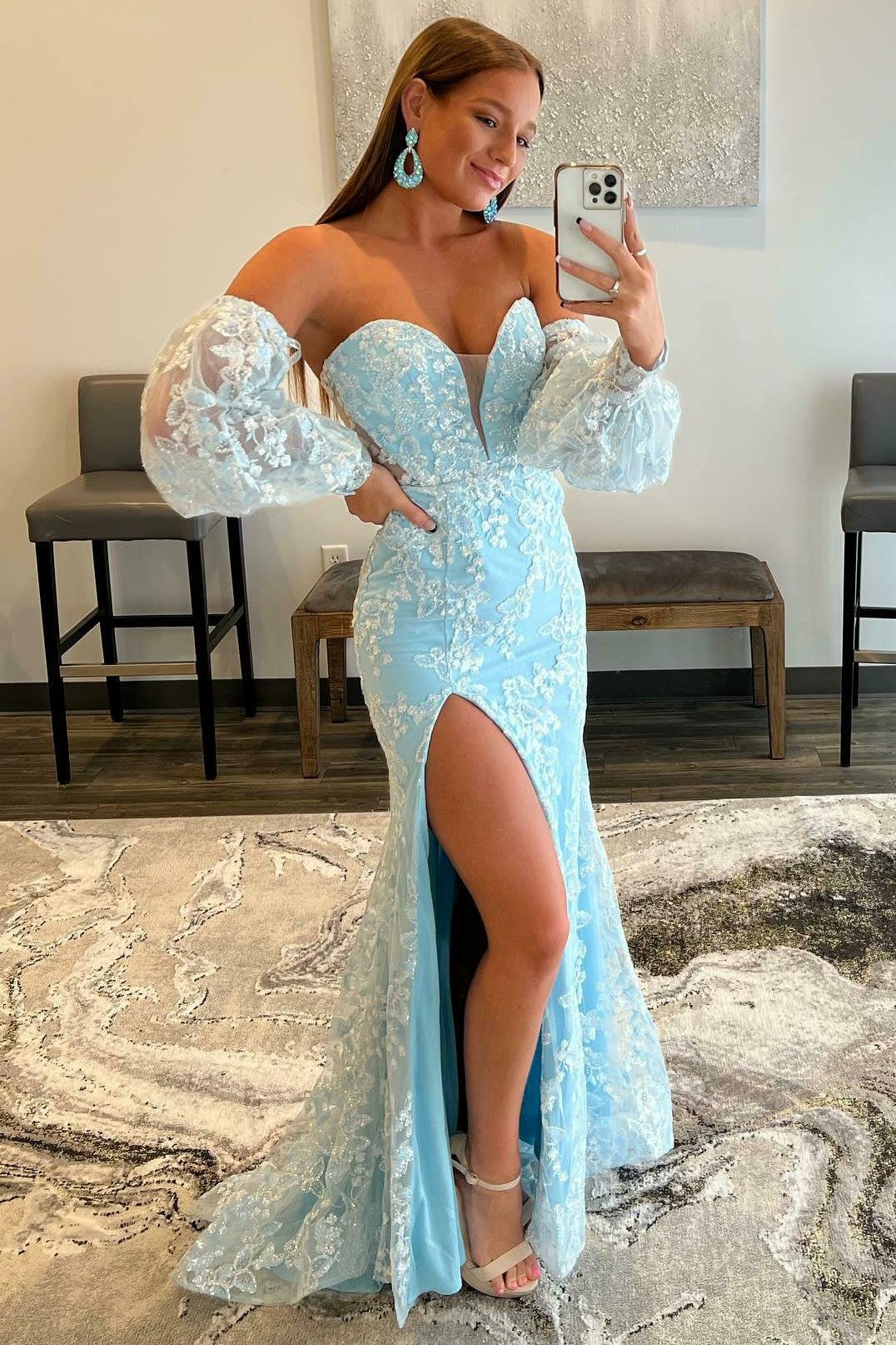 Sky Blue Sweetheart Lace Sleeves Mermaid Slit Prom Dress With Appliques | Ballbellas Ballbellas