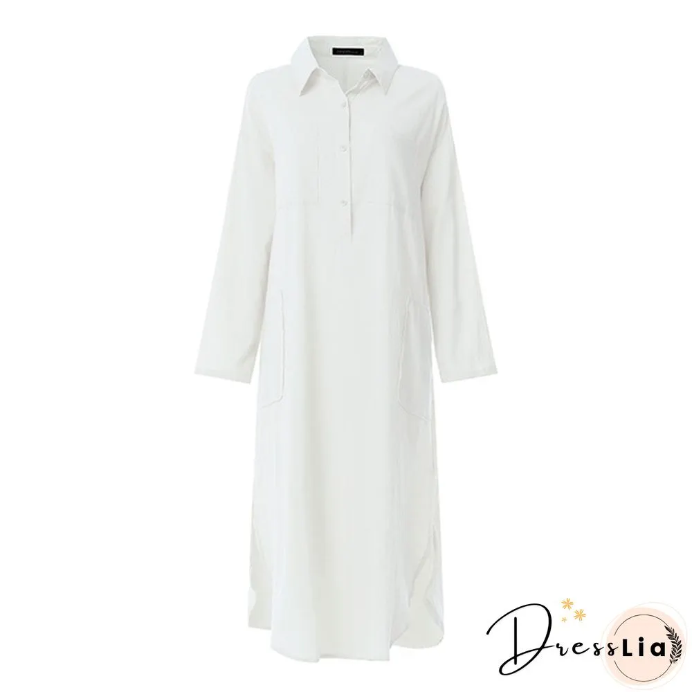 Spring Summer Fashion Women Solid Color Cotton Linen Button Shirt Dress Long Plus Size